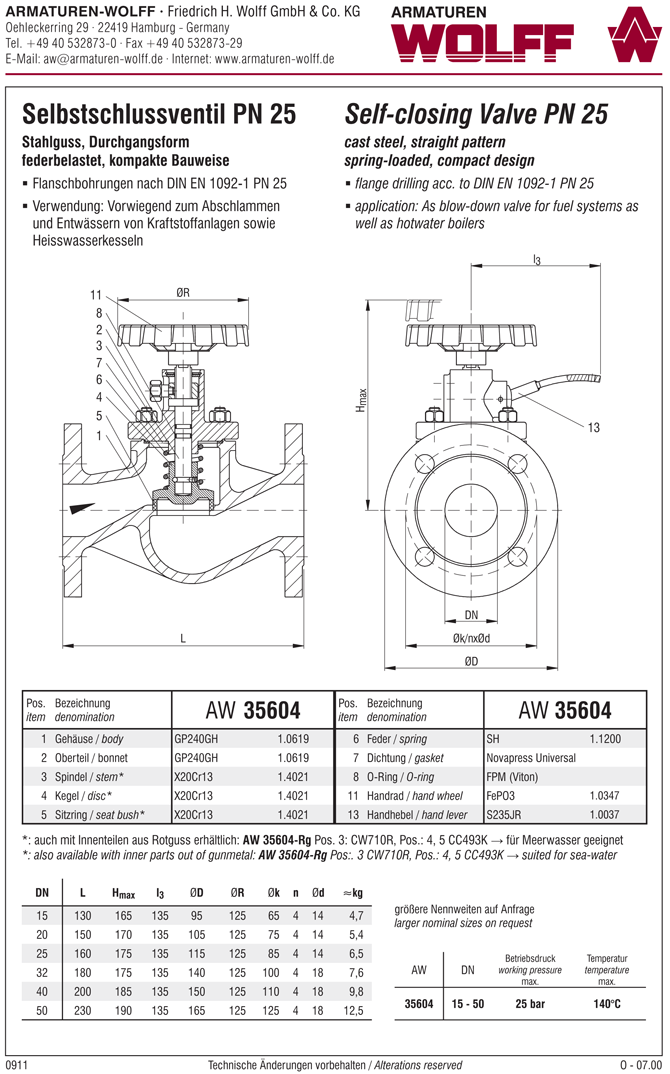 AW 35604-Rg Selbstschlussventil, federbelastet, Durchgangsform, mit Handrad
