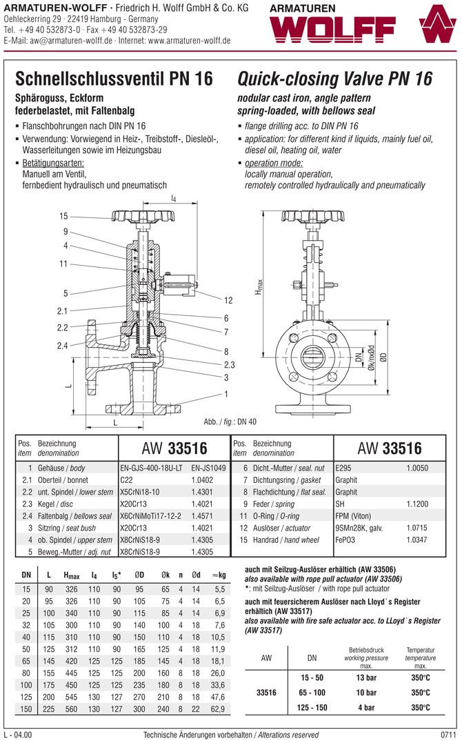AW 33516 Schnellschlussventil mit Faltenbalgabdichtung, Eckform, hydr./pn. Auslösung
