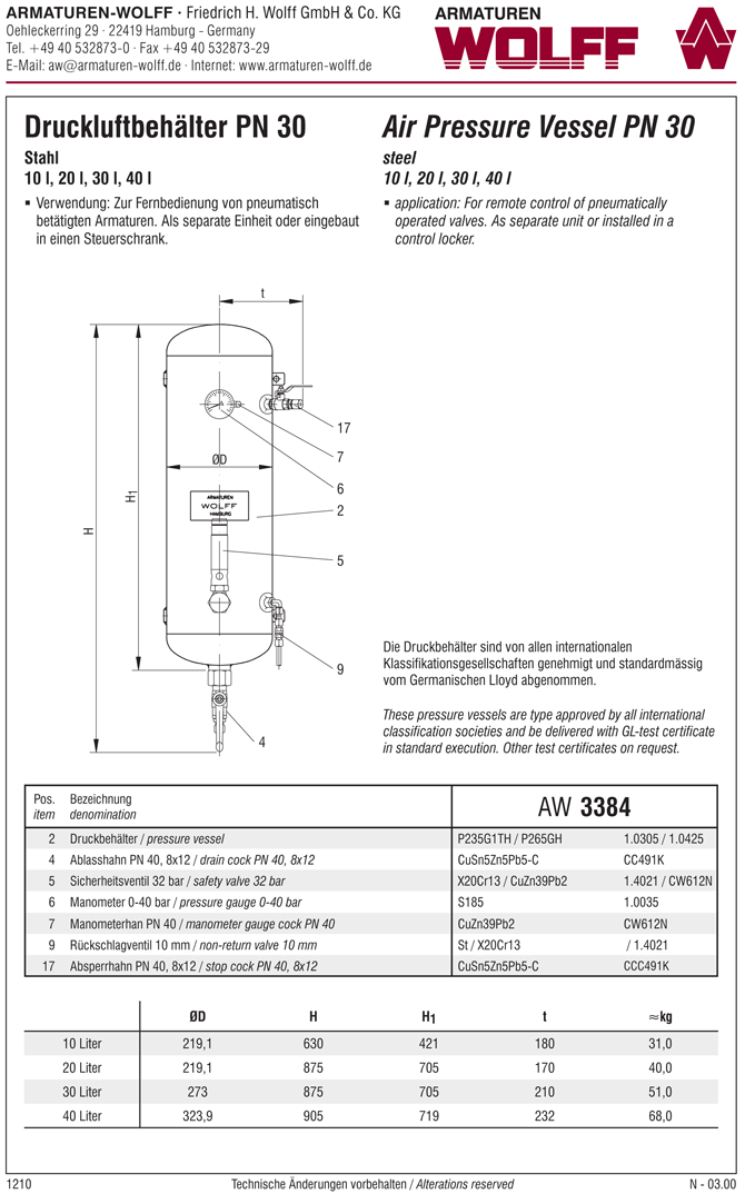AW 3384 Druckluftbehälter, 10, 20, 30 or 40 liter