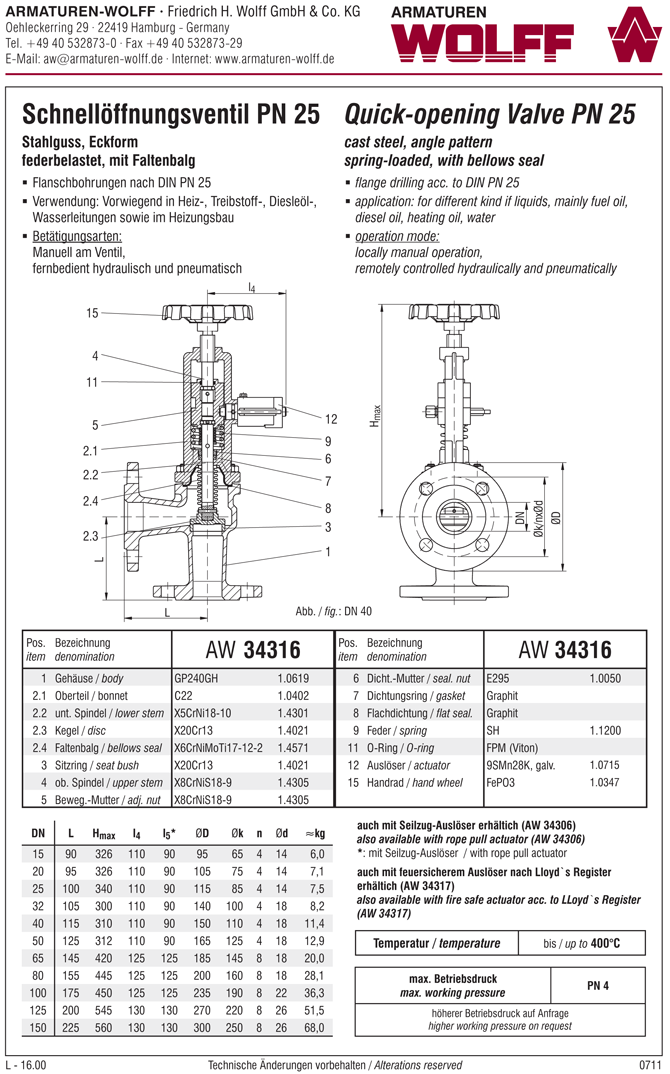 AW 34306 Schnellöffnungsventil mit Faltenbalgabdichtung, Eckform, manuelle Auslösung