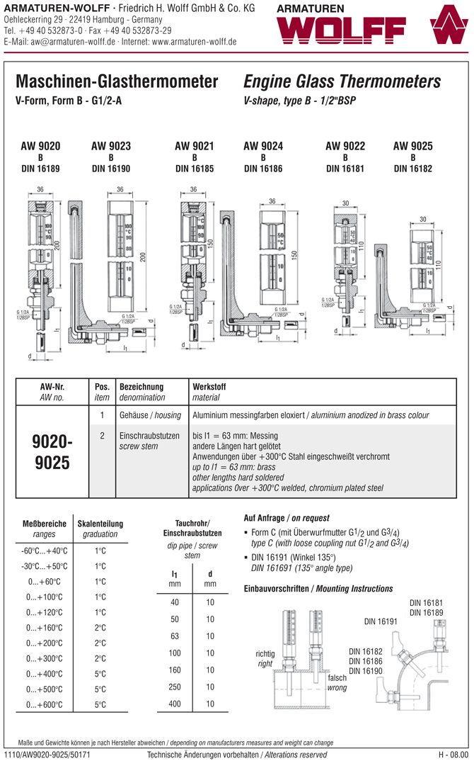 AW 9021 Maschinen-Glasthermometer